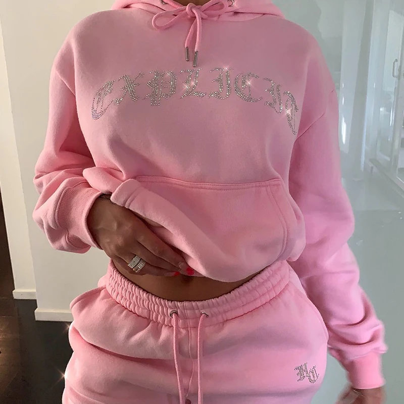 

2021 Autumn Winter Letter Pattern Fleece 2 Piece Set Women Long Sleeve Hoodie+Jogger Pants Street Casual Sport Suit Activewear