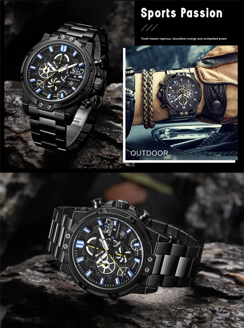 Часы MEGIR Мужские Наручные с хронографом брендовые Роскошные спортивные