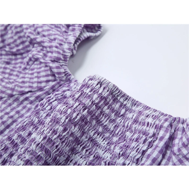 

Women's Vintage Short Sleeve Summer Cardigan Blouses Purple Plaid Mori Girl Korean Crop Shirts Elegant Slim Sweet Y2K Blusas Top