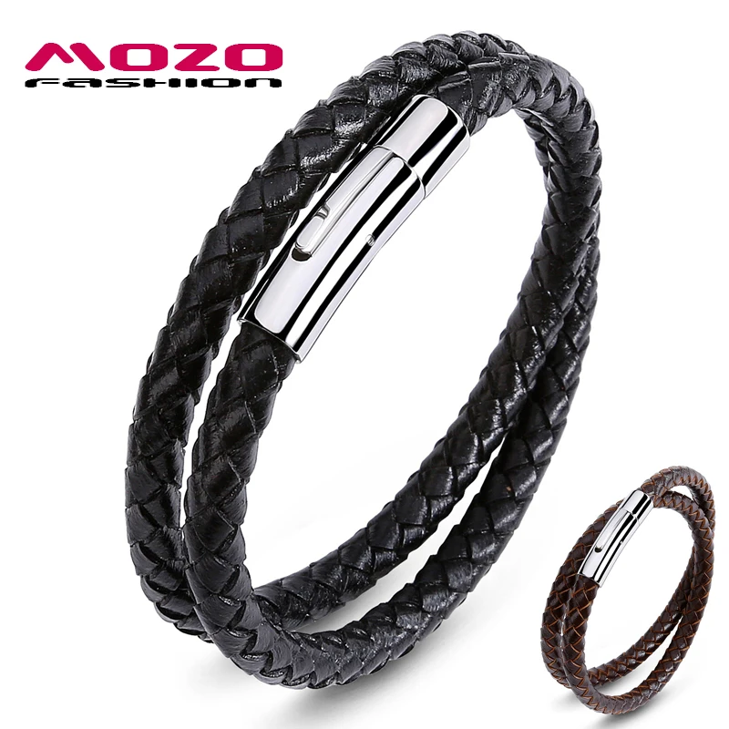 

MOZO FASHION Brand Jewelry Men Black Brown Leather Rope Chain Stainless Steel Bracelet Man Vintage Hand Strap Gifts 623