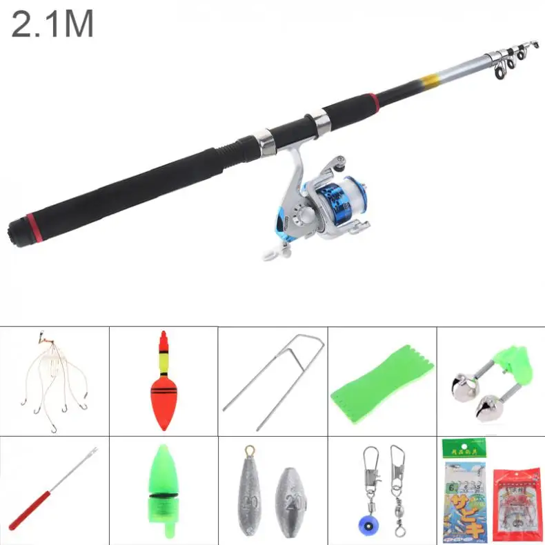 

2.1m Fishing Rod Reel Line Combo Full Kits 3000 Series Spinning Reel Pole Set with Carp Fishing Lures Fishing Float Hooks Hot