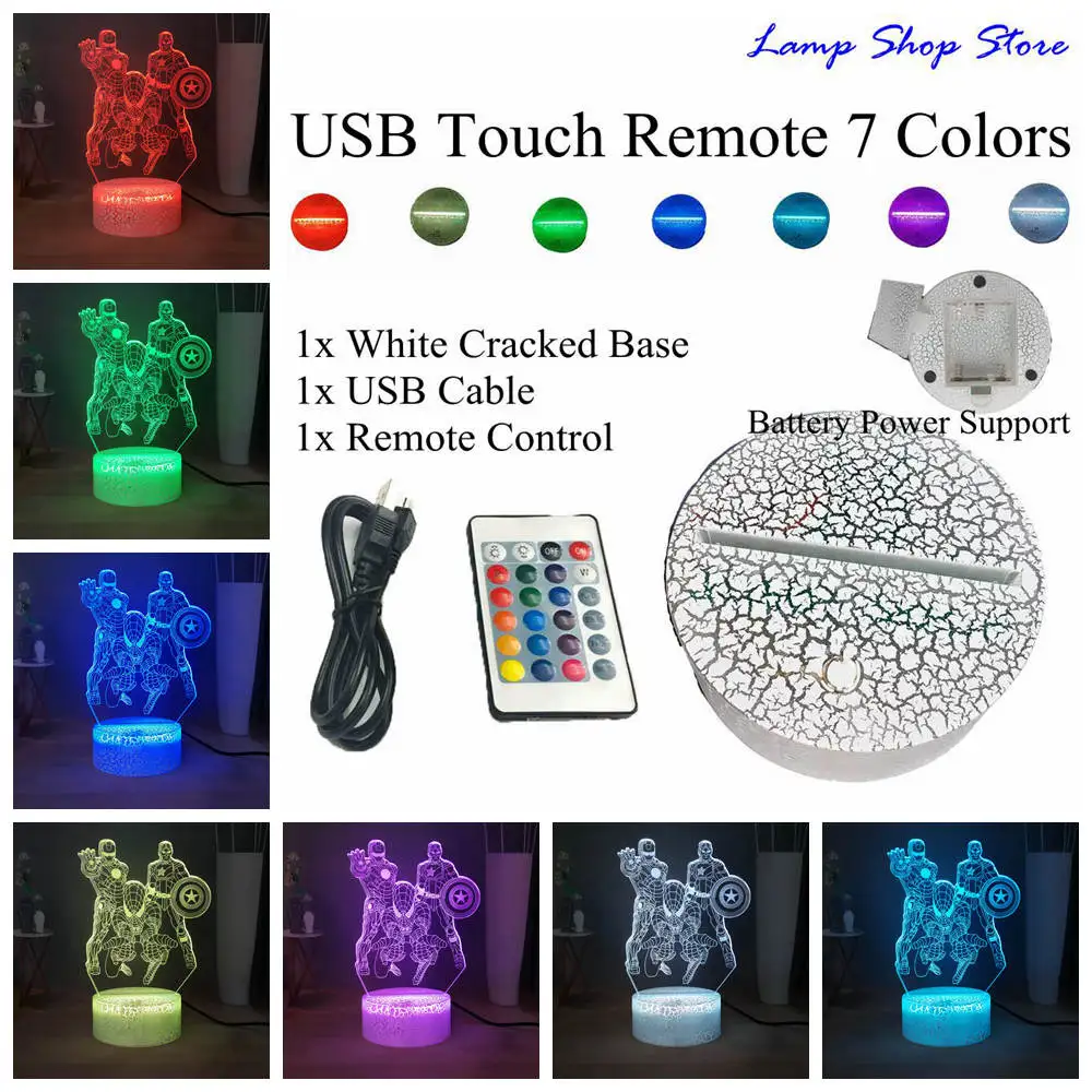 W-USB Remote 7 color СВЕТОДИОДНЫЙ 3D ночник герой Marvel Капитан Америка Человек-паук Tron человек разноцветный USB ВЫКЛЮЧАТЕЛЬ, настольная лампа подарок на день рождения детей - Испускаемый цвет: W-USB Remote 7 color
