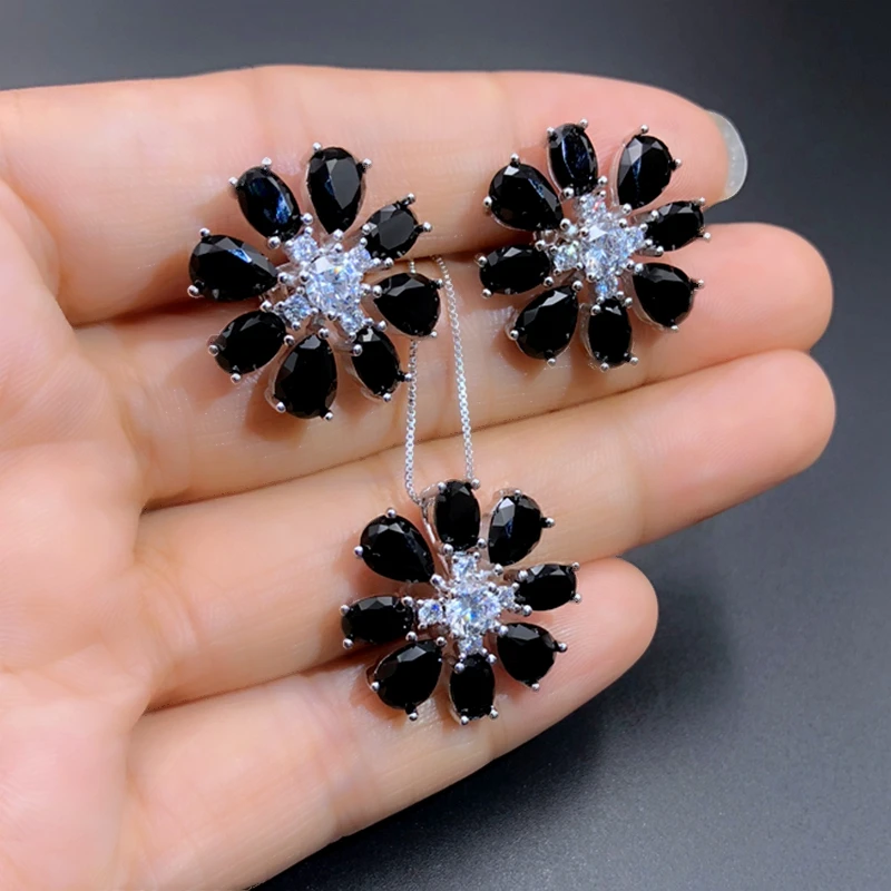 Роскошный набор украшений для женщин с зеленым цветком и кубическим цирконием