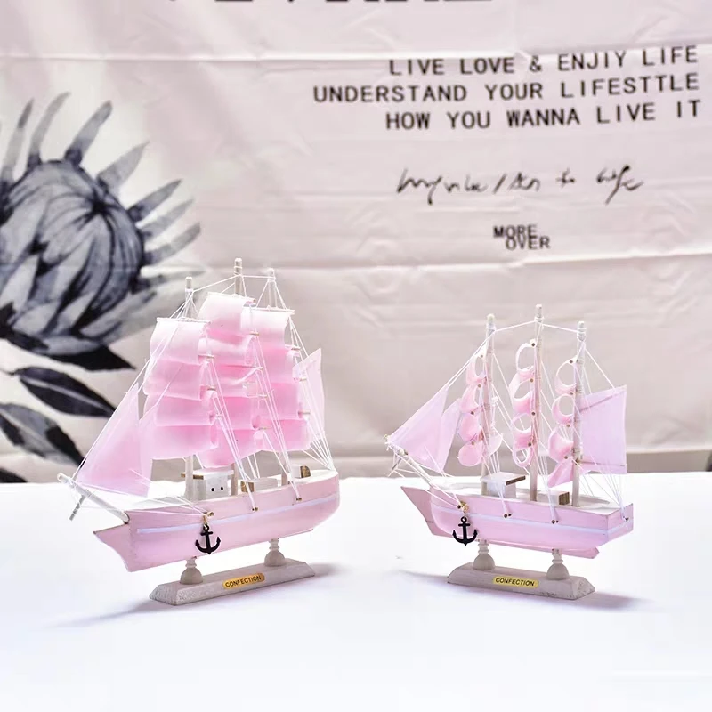 Vehicle Toy Pink Simulate Wooden Sailboat Arts and Crafts Living Room Decoration Table Furnishings Birthday Gift for Girl friend |