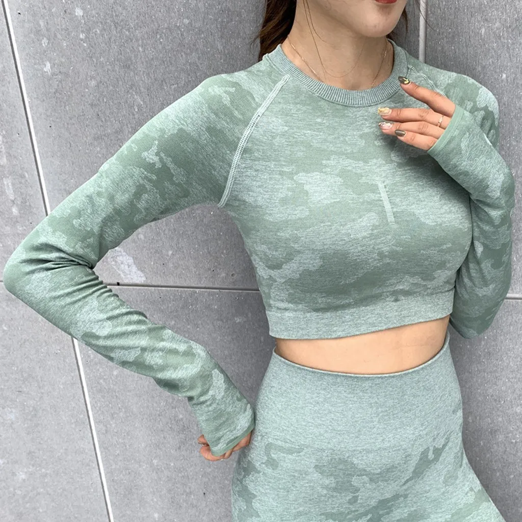 1 шт. женские комплекты для йоги бесшовные камуфляжные шорты с длинным рукавом