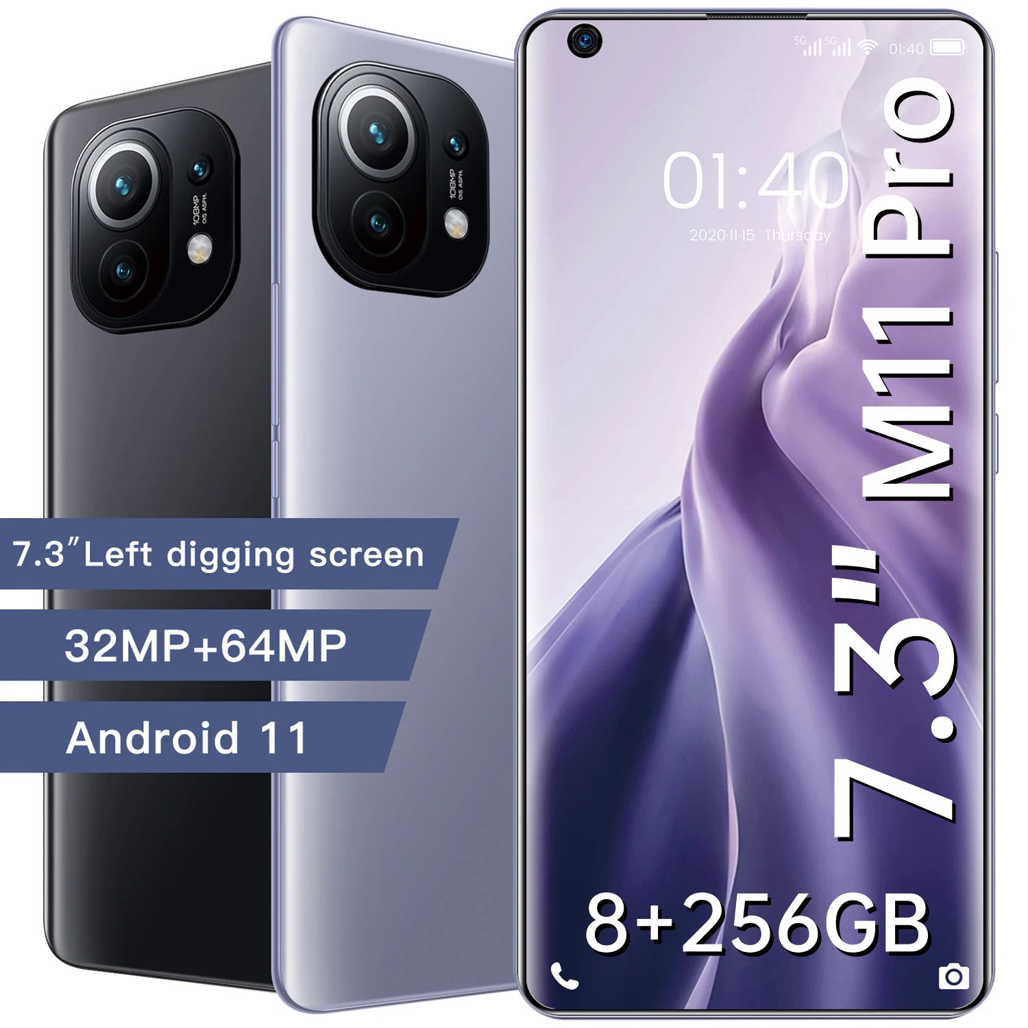 

New M11 Pro 8GB 256GB 5G Mobile Phone 7.3" Digging Screen Deca Core 6800mAh Battery Game Phone 32+64MP Face Fingerprint ID