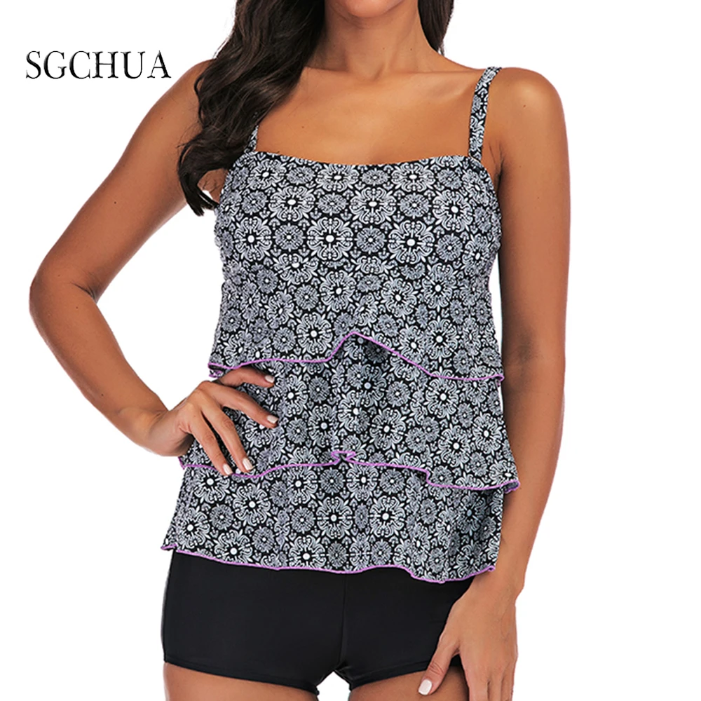 Large Size To 5XLSwimsuit With Flouce Two-Piece Suits Gray Flowers Purple LaceTop With Solid Black Short Tankini Swimsuits Women