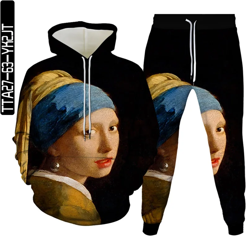 

3D printing oil painting series hoodies new men's and women's hoodies + sports pants two-piece fashion casual men's hoodies