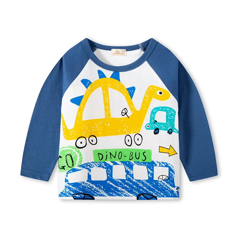 

Children Wear Autumn/Spring Clothing Cartoon Dinosaur Splicing Sleeve Inserted Boys Long Sleeve T-shirt Cotton Bottom Shirt