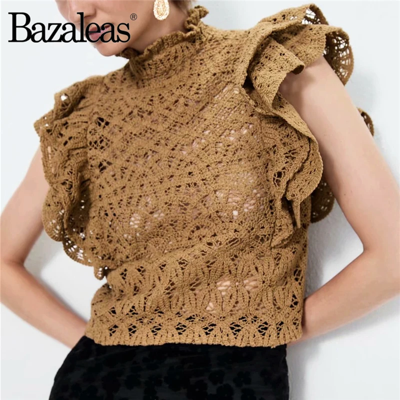 Bazaleas выдалбливают коричневый blusas оборки трикотажная блузка винтажная рубашка