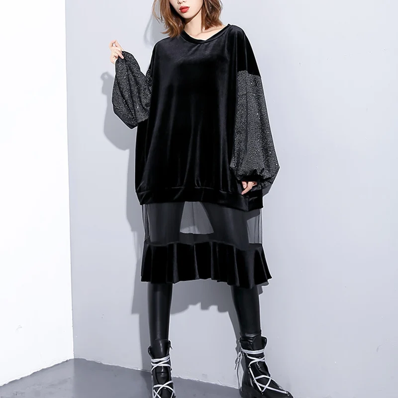 

SISPELL Patchwork Mesh Ruffle Dresses For Girls O Neck Lantern Long Sleeve With Sequins Women's Casual Dress 2020 New Tide