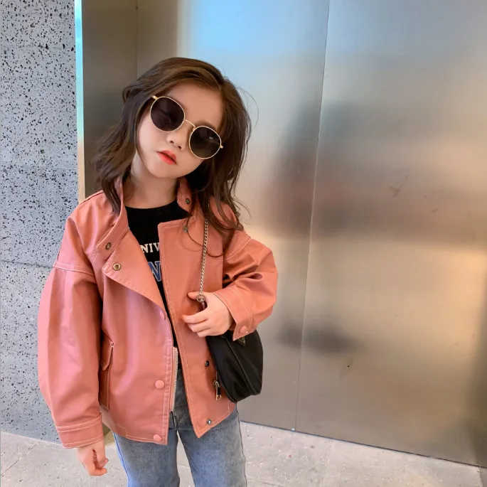 

2021 New Spring Girls Streetwear Pu Pink Faux Leather Jacket for Girl Coats Fashion Pink Casual Tops Children Outwears Clothing