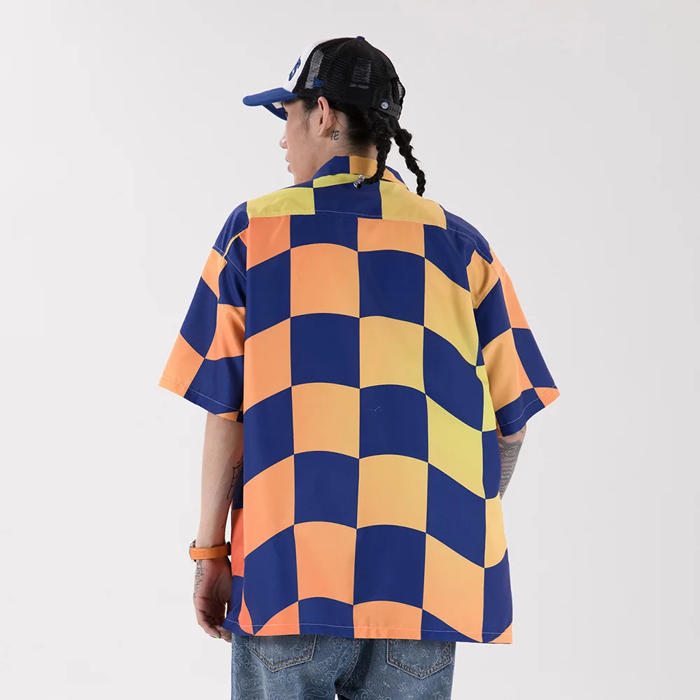 

UNCLEDONJM Gradient plaid casual shirt men summer shirts Hip Hop streetwear japanese fashion mens clothing ME-LY01-3