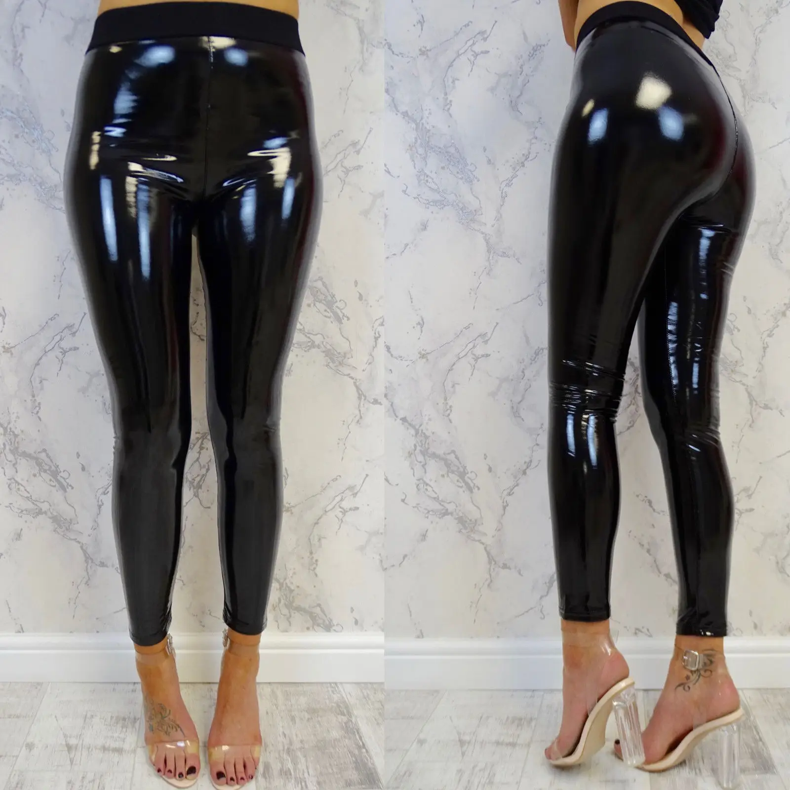

Sexy Women Gothic Strethcy Shiny PU Leather Leggings Wet Look Winter Black Slim Long Pants Ladies Skinny Leggings Plus Size
