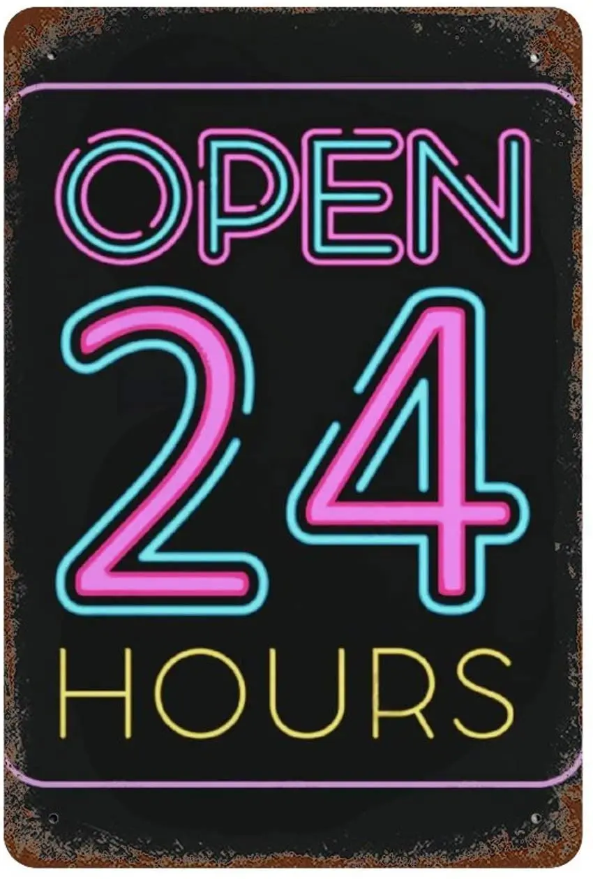 

Open 24 Hours Vintage Metal Sign, Retro Tin Signs for Store, Bar, Home Decoration Retro Tin Sign30x30cm