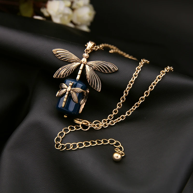 RKR Vintage Gold Color Alloy Dragonfly Pendant Necklaces For Women Long Sweater Chains Dark Blue Resin Necklaces Fashion Jewelry
