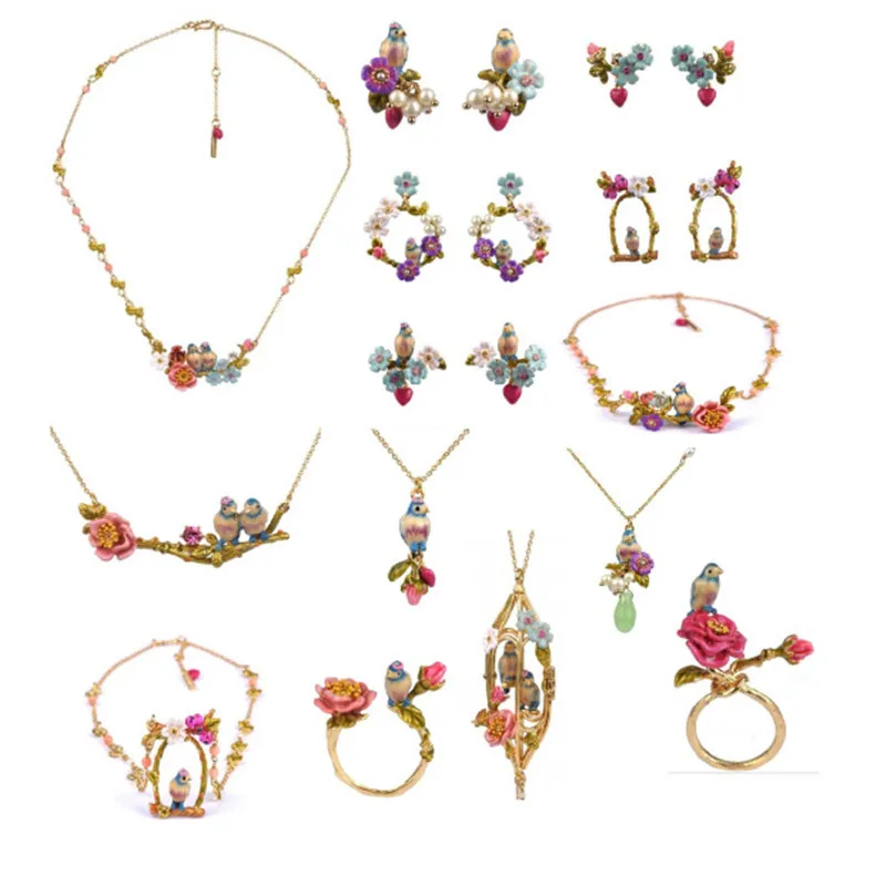 

European and American Blue Rit Series Jewelry Set Enamel Color Glaze Pink Flower Love Bird Necklace Stud Earrings Earrings Ring
