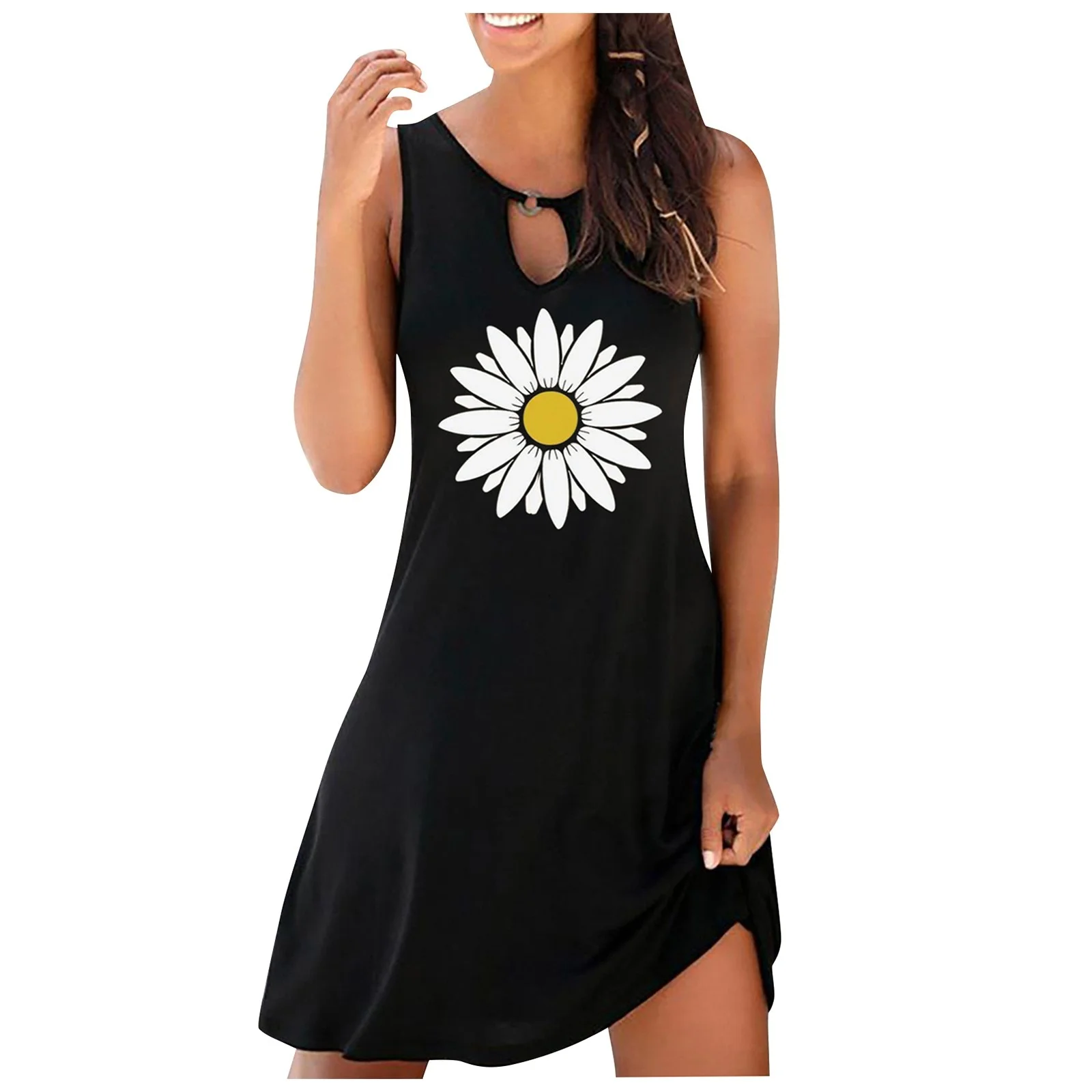 

Floral Hollow Out Casual Dress Plus Size Sleeveless O Neck Elegant Dresses For Women Clothing Vestidos Mujer Verano 2021