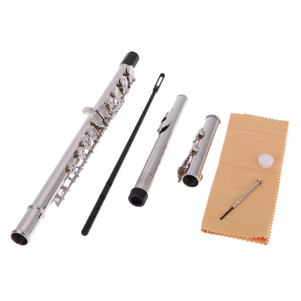 

16 Holes C Key Flute Western Concert Silver Plated Cupronickel Woodwind Instrument with Cleaning Cloth Stick Gloves Screwdriver