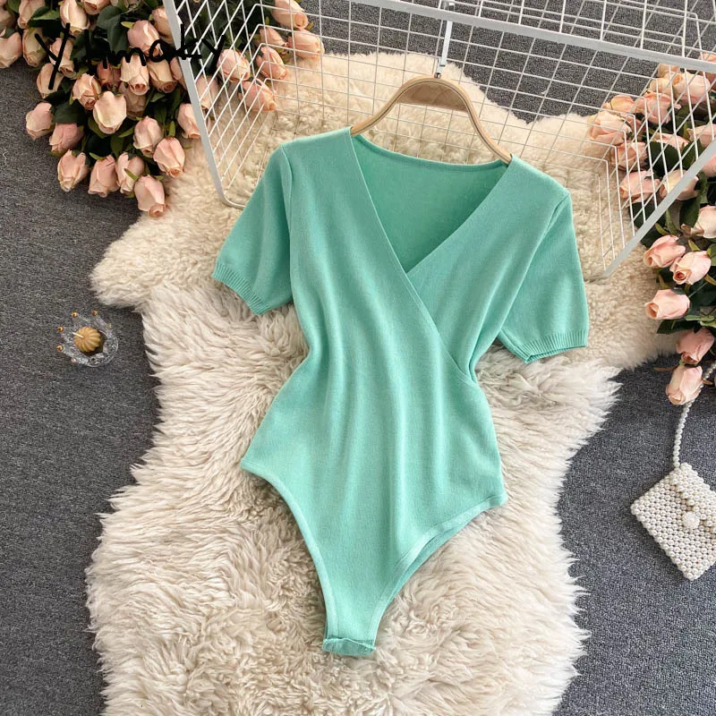 

Женский комбинезон с высокой талией Yitimoky, зеленый Облегающий комбинезон с коротким рукавом и V-образным вырезом, одежда в стиле единорога, л...