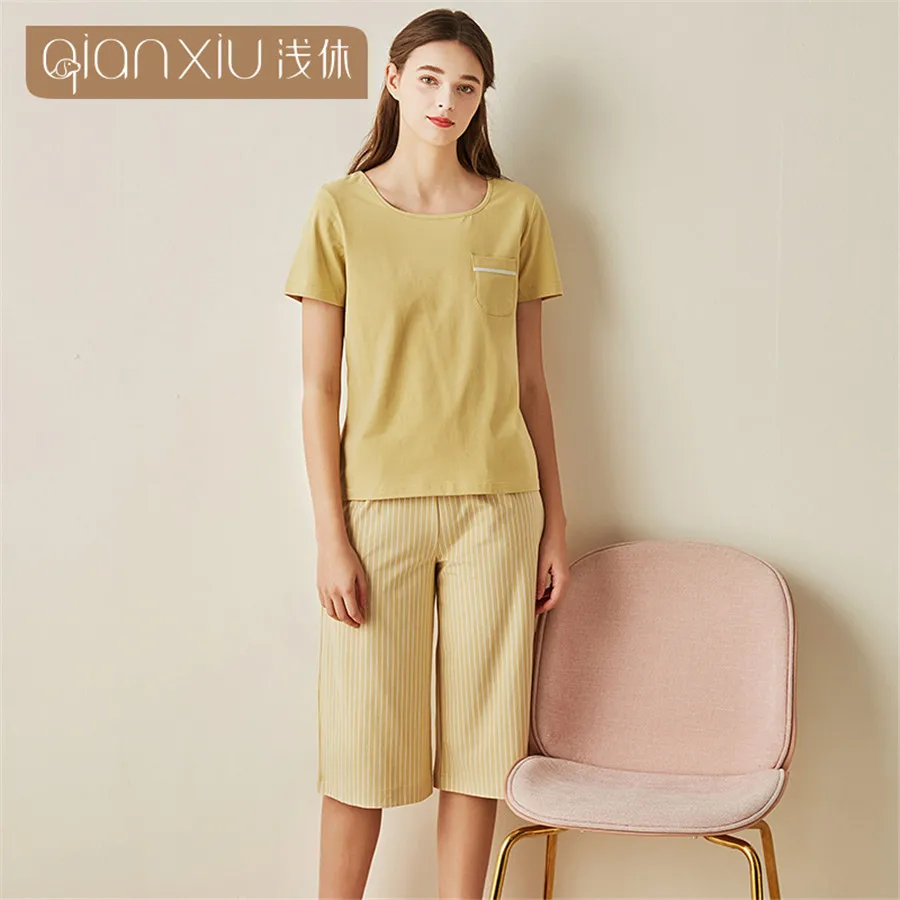 

Spring Early Summer Pajamas Set Women Sleepwear Casual Pyjamas Short Sleeve Tops With Short Trousers Female Home Clothing