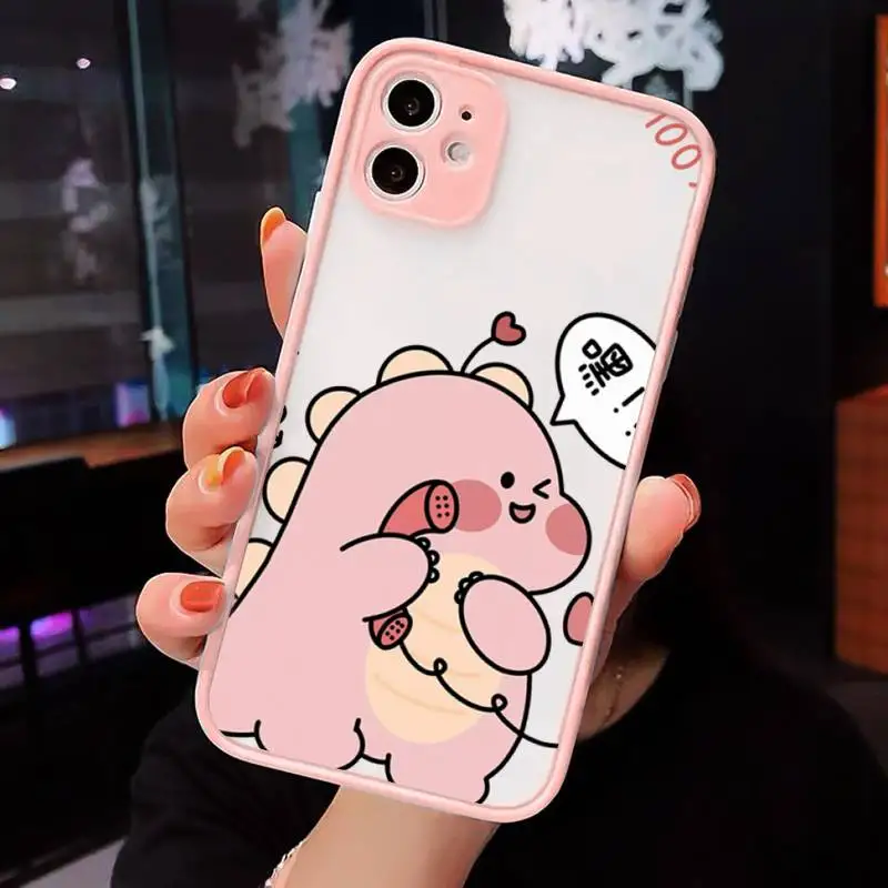 

Cute Animal Dinosaur Couple Phone Cases Matte transparent For Pink iPhone 12 Mini 11 Pro XR XS Max 7 8 Plus X Back Cover