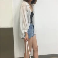 summer women blouses see through transparent long sleeve shirt ladies tops white button shirts femme loose clothes