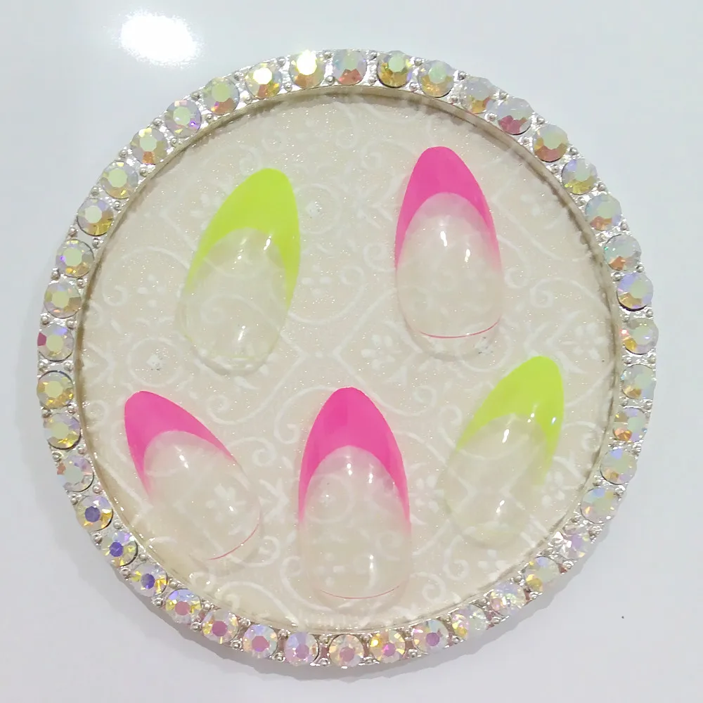 24 шт. блестящие короткие стилет накладные ногти ярко желтый французские