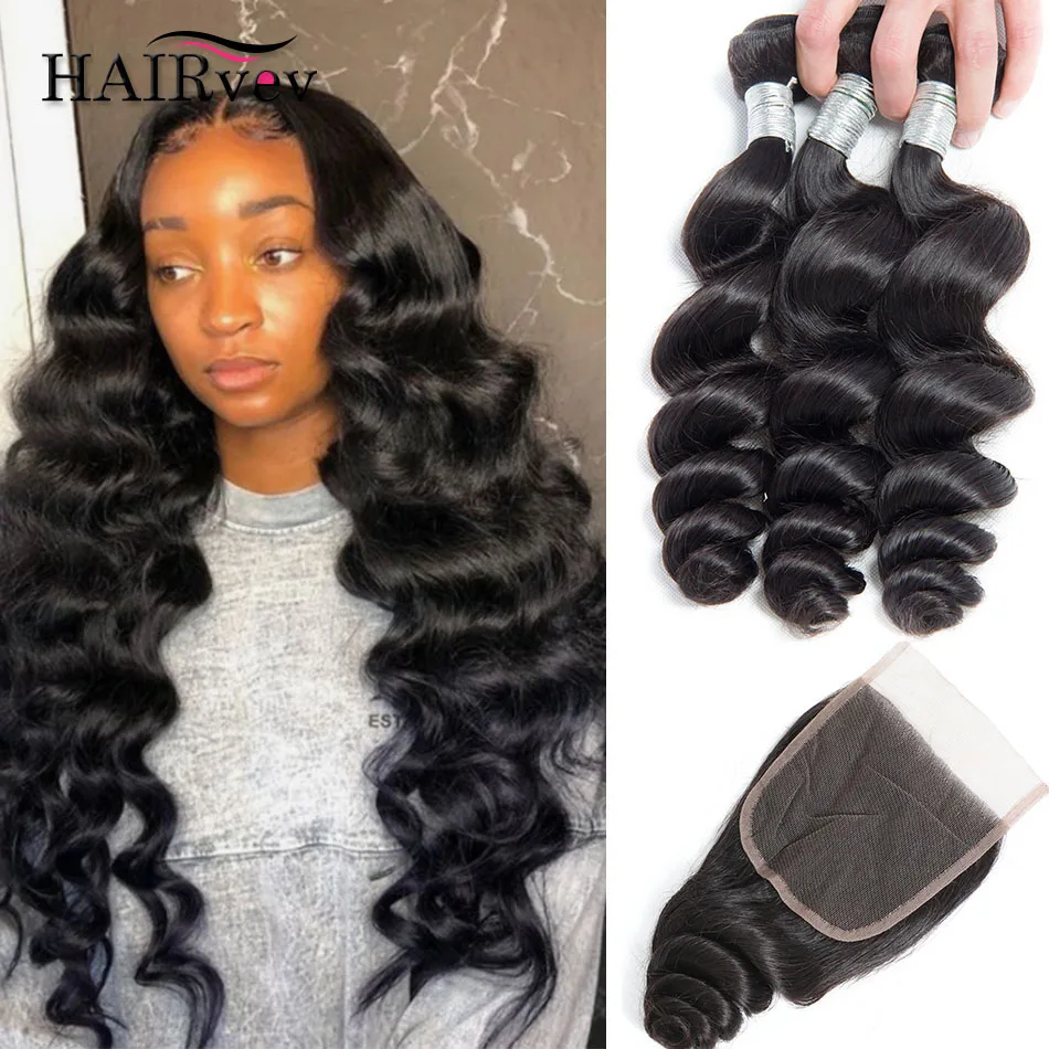 

Human Hair Bundles With Closure Natural 26 28 30 Inch Loose Wave Malaysia Human Hair Bundle Deals With 4x4 Lace Closure 3 Bundle