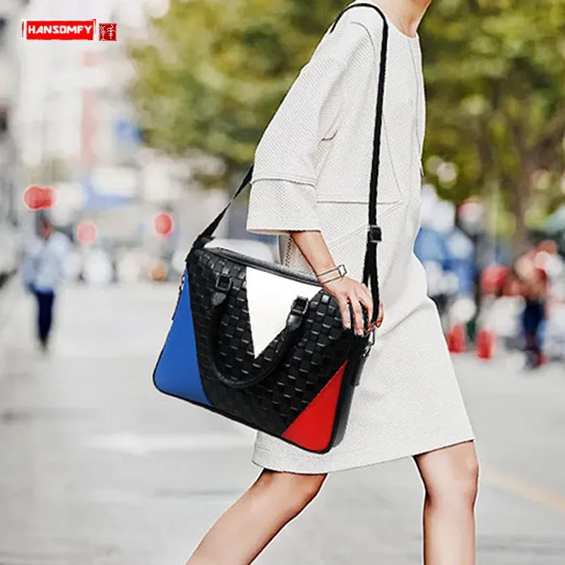 Simple Fashion Women's Weave File Bag Genuine Leather Female Computer Handbags Ladies Business Shoulder Bag Commuting Briefcase