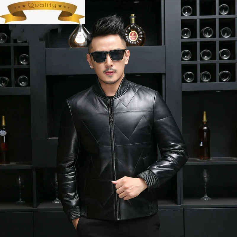 

Winter Jacket Men Leather Bomber Jacket Real Sheepskin Coat Duck Down Baseball Jackets Plus Size Jaqueta De Couro 11018 YY731