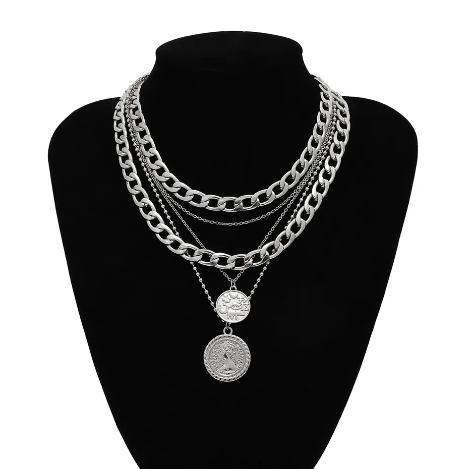 Necklace IngeSight.Z панковское многослойное кубинское массивное толстое портретное колье, женское винтажное резное ожерелье с подвеской в виде монеты, ювелирное изделие - Окраска металла: Necklace