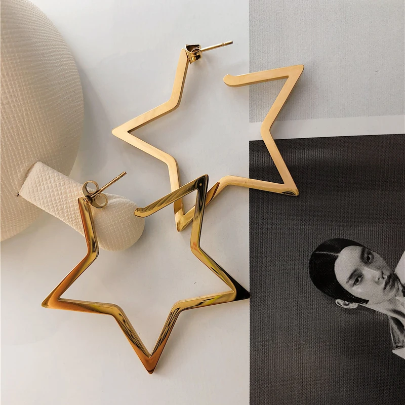 Нержавеющая сталь с аппликацией в виде Золотой звезды серьги кольца для женщин