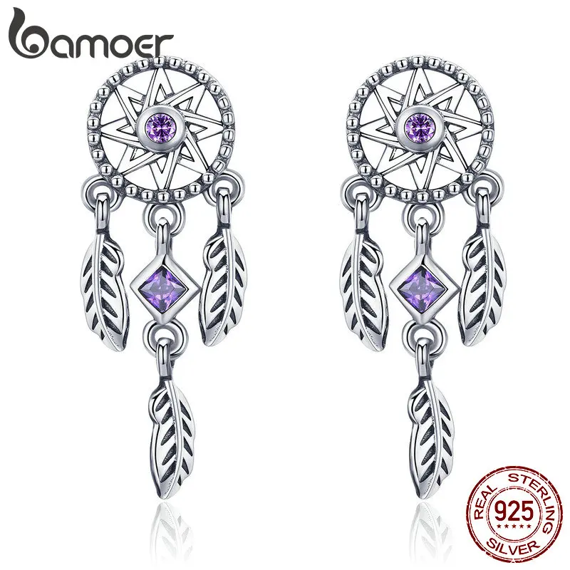 BAMOER 925 пробы серебряные Винтажные висячие серьги Ловец снов для женщин фиолетовые кубические циркониевые ювелирные изделия из стерлингового серебра SCE502