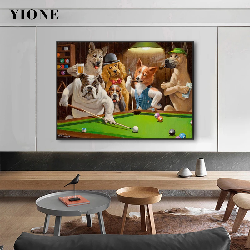 

Creative Animal Game Party Wall Picture Prints Modern Dogs Playing Billiards Canvas Decoration Painting Poster for Living Room
