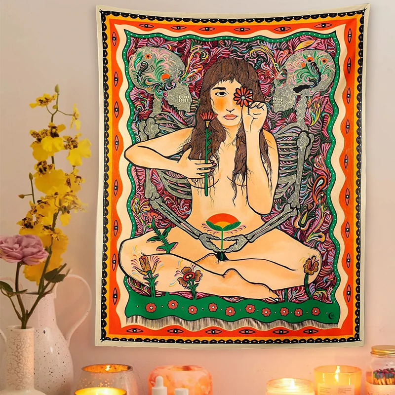 Skull Lover Tapestry Sexy Nude Women Colorful Flower Moon Star Wall Hanging Aesthetic Room Decor Art | Дом и сад