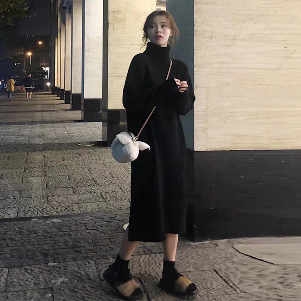

Women's Autumn Dress Casual Fashion Sweet Lady Style Solid Color Knitted Long-sleeved High-necked Warm Straight Slim Dresses