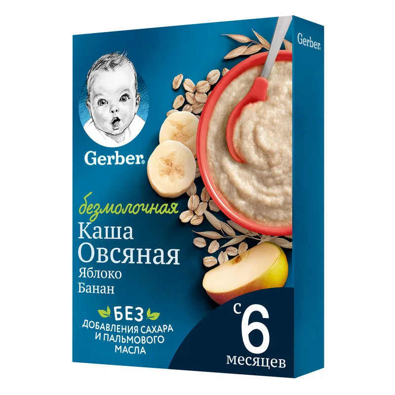 Каша Gerber безмолочная овсяная с яблоком и бананом 6 мес 180г | Мать ребенок