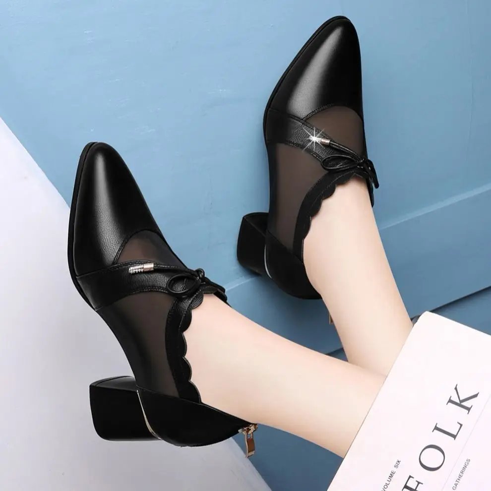 2021 Ladies High Heels Leather Shoes Mesh Sexy Pointed Black Fashion Women's Shoes Mid-heel Ladies Single Shoes With Heel