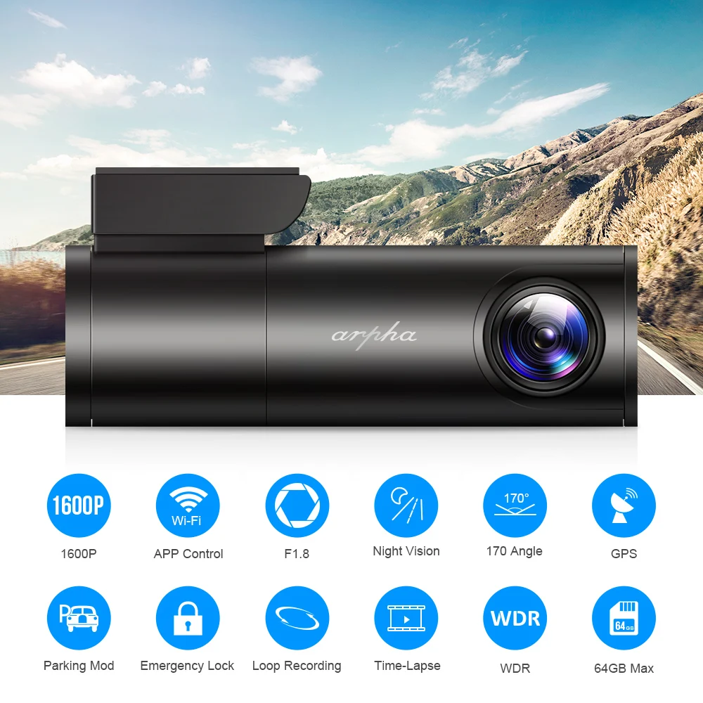 Автомобильный видеорегистратор без экрана Arpha W01 встроенный GPS Wi-Fi 1600P HD ночное