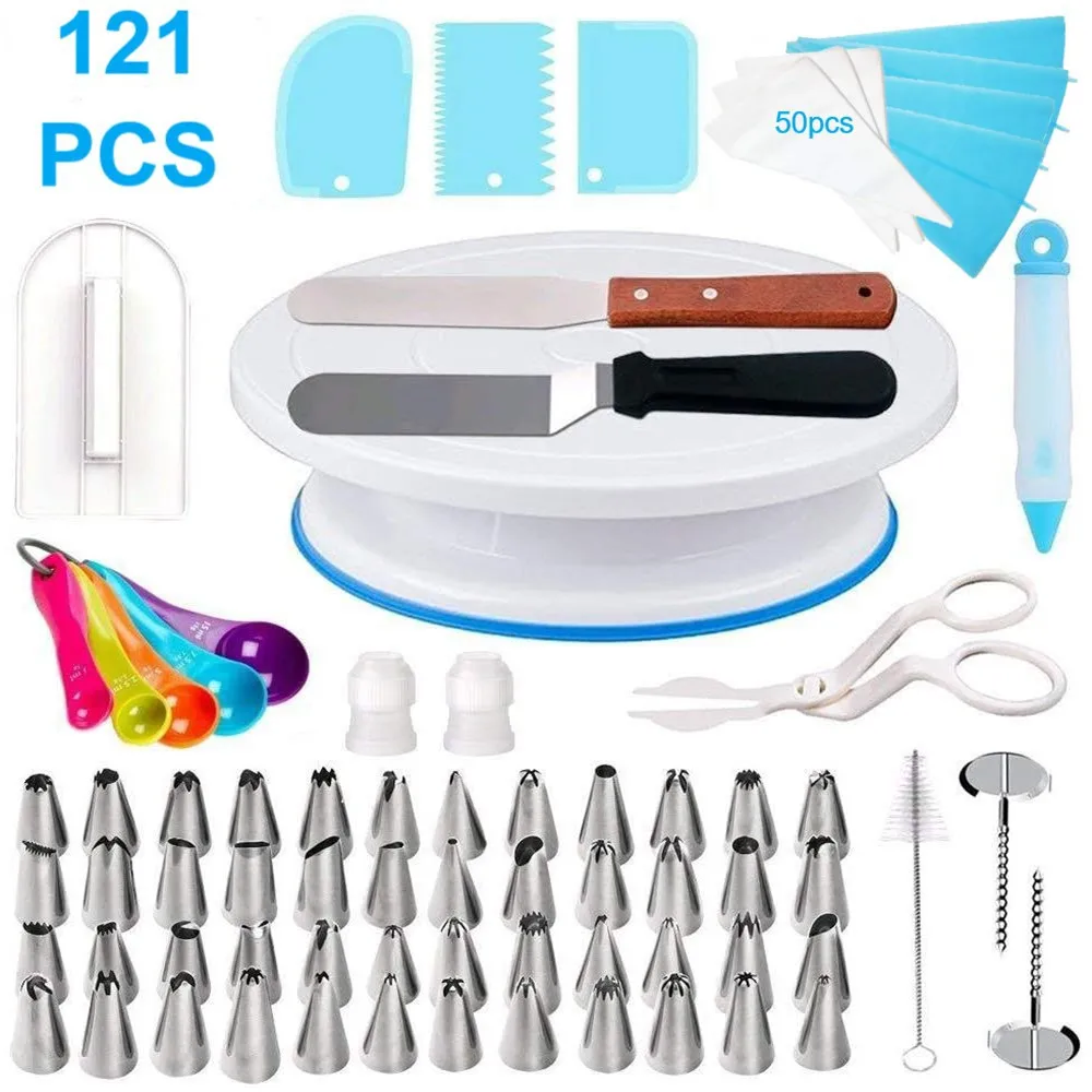 

121 Pcs Cake Stand Turntable Rotating Base Cake Plastic Dough Knife Decorating Cream Cakes Stand set Cake Rotary Turntable tool