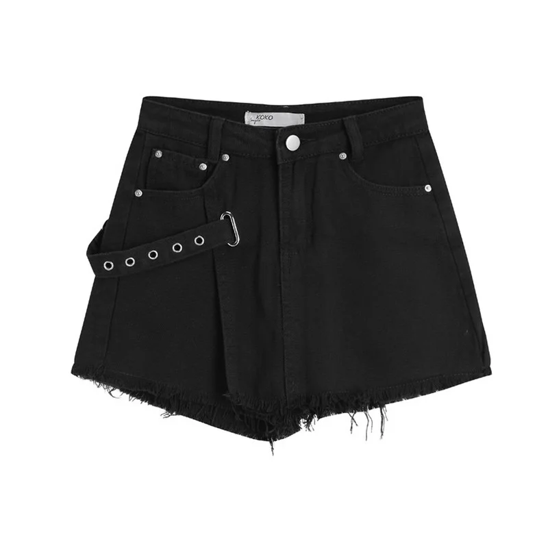 

Women Summer High Waist Plus Size Sexy Denim Shorts Skirts Chic Summer Fashion Casual Buckle Patchwork Fray Shorts Streetwear