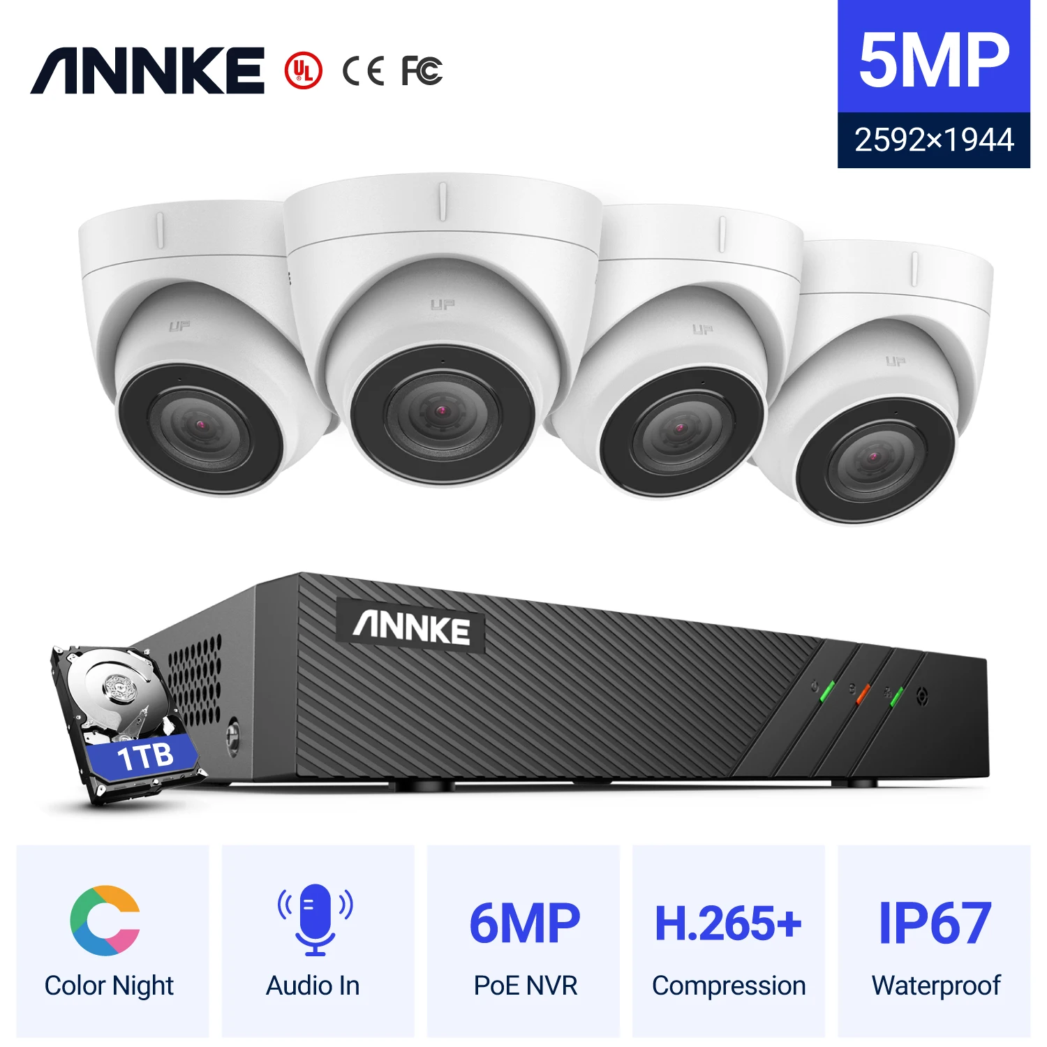 Система видеонаблюдения ANNKE 5 МП H.265 + Super HD POE 4 шт. водонепроницаемые уличные IP