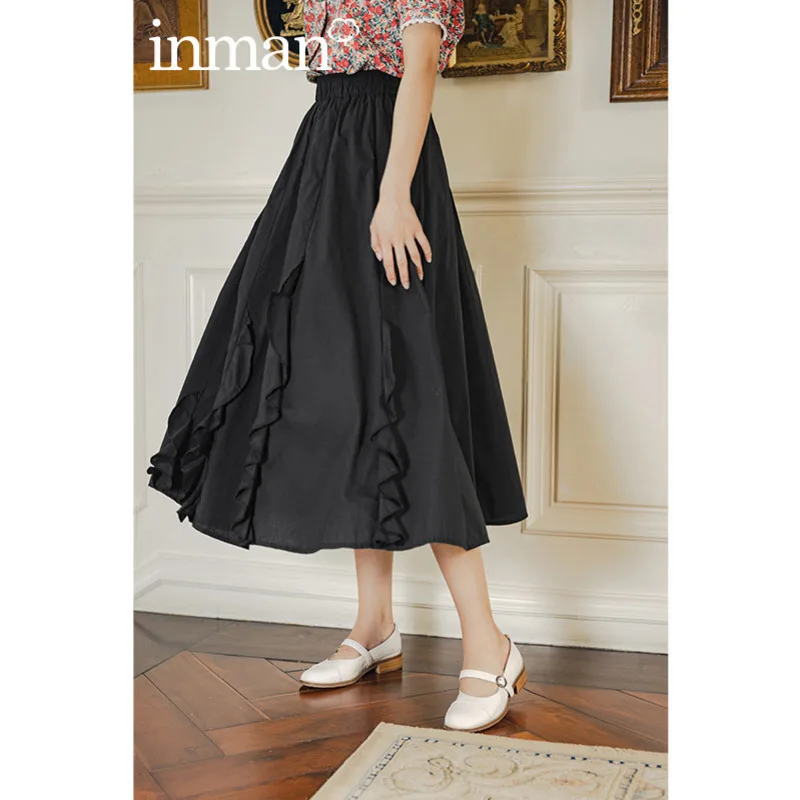 INAMN летняя хлопковая однотонная художественная юбка с оборками в стиле