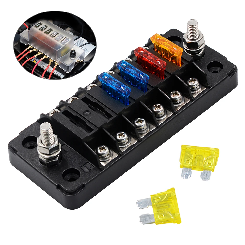 

6 Circuit Fuse Block Box Ground With Negative Bus & Protection Cover Bolt Connect Terminals For Auto Boat Marine With 12 Fuses