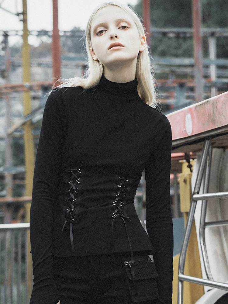 Панк рейв Женская готика Высокая шея шнуровка с длинными рукавами футболки PT 396