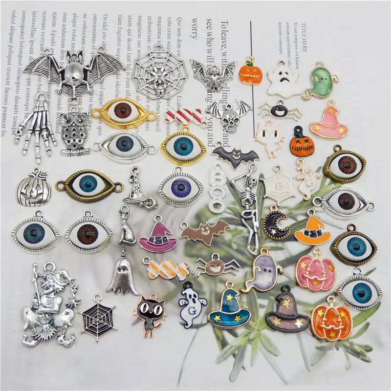 

Julie Wang 20PCS Halloween Charms Mixed Enamel Alloy And Resin Ghost Pumpkin Bat Hat Human Eyes Pendant Jewelry Making Accessory