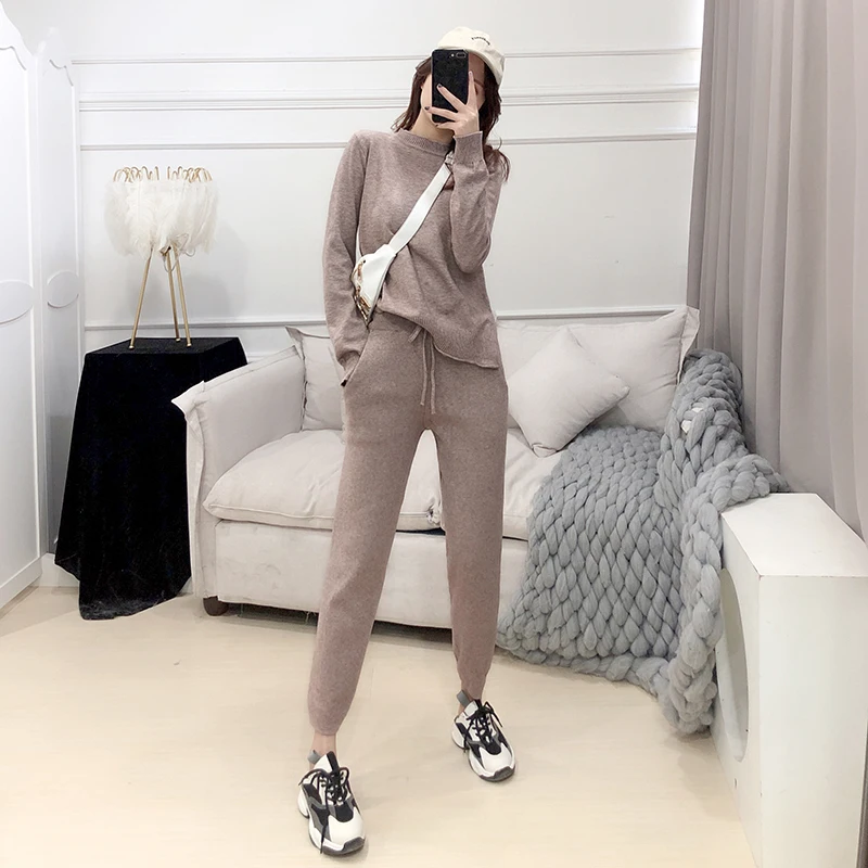 

Banulin Women Knitted Tracksuit Turtleneck Sweater Casual Suit Autumn Winter 2 Piece Set Knit Pants Sporting Suit Femme Clothing