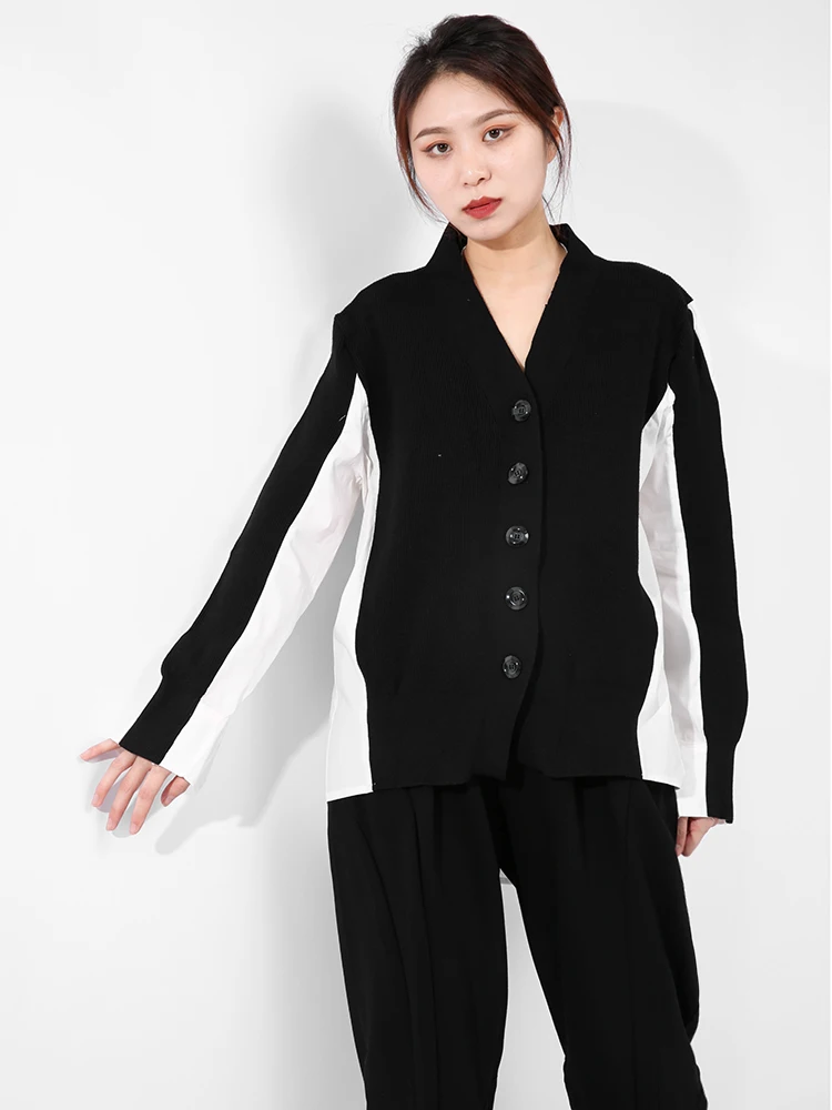 

[EAM] Women Black Irregular Knitting Big Size Blouse New V-collar Long Sleeve Loose Fit Shirt Fashion Spring Autumn 2021 JO65200