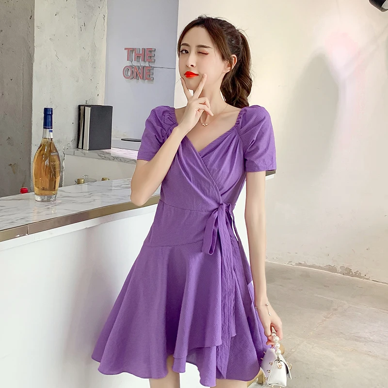 

WTIANYUW 2021 Irregular A-Line Dress Women V Neck Sexy Mini Dress Short Sleeves Cute Vintage Short Dress Female Bandage Summer